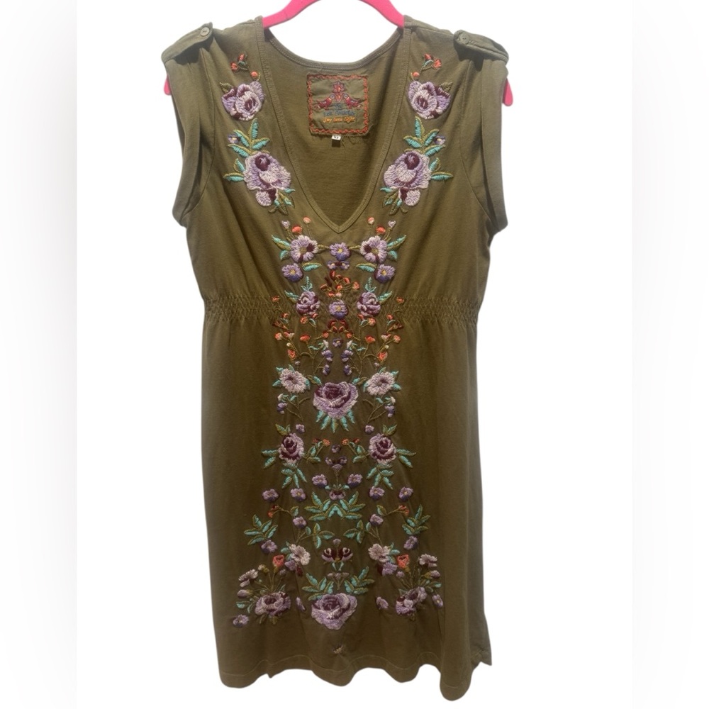 JOHNNY WAS Embroidered Olive Green Dress